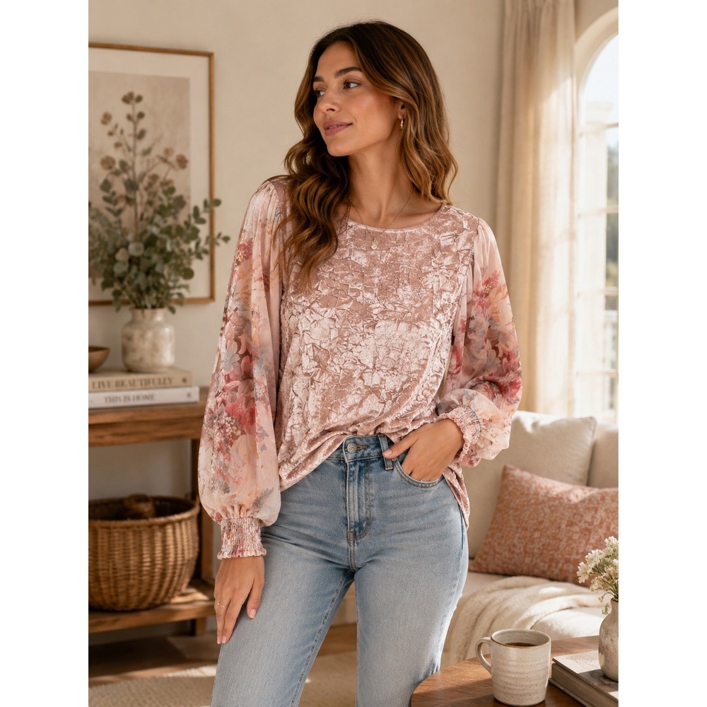 Meadow Rue Anthropologie Velvet Floral Sleeve Blouse Pink XS
